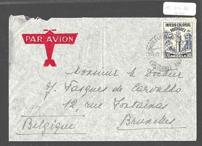 Angola 1940 Carta Correio A&eacute;reo Angola → Bruxelas B&eacute;lgica – Selo Imp&eacute;rio Colonial 1,75 AGS. Envel 