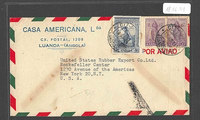Angola 1948 Carta Correio A&eacute;reo Luanda → New York USA – Selos Imp&eacute;rio Colonial e Ceres. Envelope 