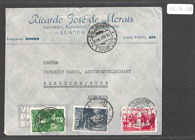 Angola 1948 Carta Correio A&eacute;reo Luanda → Herdecke Alemanha – Restaura&ccedil;&atilde;o de Angola. Envelope 