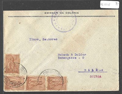 Angola 1945 Carta Luanda → Basel Su&iacute;&ccedil;a – Selos 50c Ceres – Hist&oacute;ria Postal. Envelope circulado 