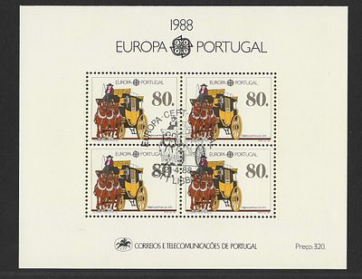 Portugal 1988 – Bloco Filat&eacute;lico Europa CTT (Dilig&ecirc;ncia Postal S&eacute;c. XIX) com carimbo de 1&ordm; dia. C 
