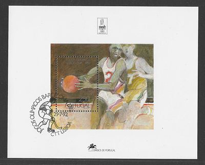 Portugal 1992 – Bloco Filat&eacute;lico Jogos Ol&iacute;mpicos Barcelona (Basquetebol) com carimbo de 1&ordm; dia. C 