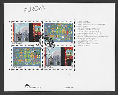 Portugal 1993 – Bloco Filat&eacute;lico Europa (Obras de Jos&eacute; Escada) com carimbo de 1&ordm; dia. Cabe ao 