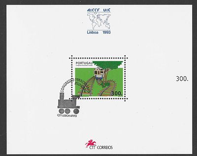 Portugal 1993 – Bloco Filat&eacute;lico Congresso Ferrovi&aacute;rio Mundial (AICCF UIC Lisboa) com carimbo 