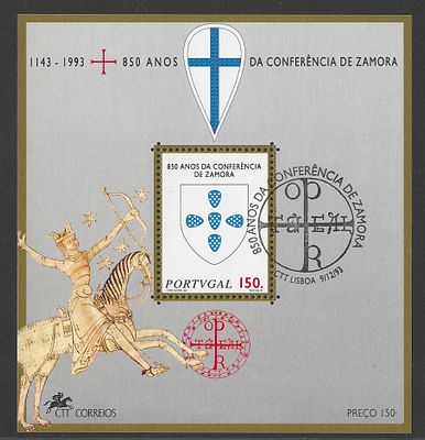 Portugal 1993 – Bloco Filat&eacute;lico 850 Anos da Confer&ecirc;ncia de Zamora (1143–1993) com carimbo de 1&ordm; dia