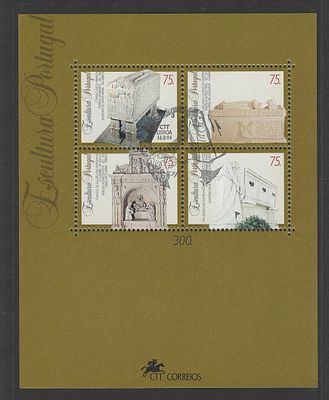 Portugal 1994 – Bloco Filat&eacute;lico Escultura Portuguesa (Monumentos Funer&aacute;rios) com carimbo de 1&ordm; dia