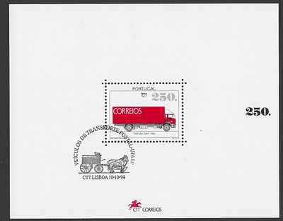 Portugal 1994 – Bloco Filat&eacute;lico Ve&iacute;culos de Transporte Postal (Cami&atilde;o Correios DAF 1983) com 