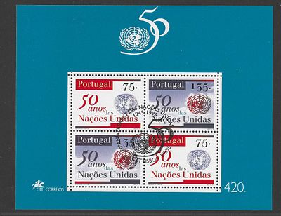 Portugal 1995 – Bloco Filat&eacute;lico 50 Anos das Na&ccedil;&otilde;es Unidas (ONU 1945–1995) com carimbo de 1&ordm; dia. 