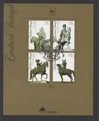 Portugal 1995 – Bloco Filat&eacute;lico Escultura Portuguesa (Est&aacute;tuas Equestres) com carimbo de 1&ordm; dia. 