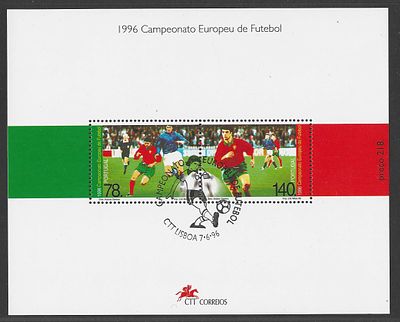 Portugal 1996 – Bloco Filat&eacute;lico Campeonato Europeu de Futebol (Euro 96) com carimbo de 1&ordm; dia. C 