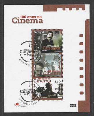 Portugal 1996 – Bloco Filat&eacute;lico 100 Anos do Cinema em Portugal com carimbo de 1&ordm; dia. Cabe ao 
