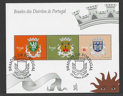 Portugal 1996 – Bloco Filat&eacute;lico Bras&otilde;es dos Distritos (Aveiro, Beja e Braga) com carimbo de 1&ordm; dia