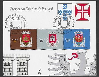 Portugal 1996 – Bloco Filat&eacute;lico Bras&otilde;es dos Distritos (Bragan&ccedil;a, Castelo Branco e Coimbra) com 