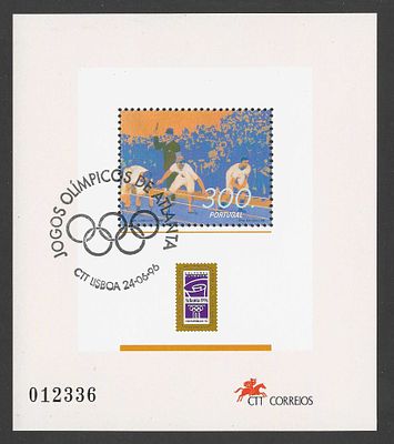 Portugal 1996 – Bloco Filat&eacute;lico Jogos Ol&iacute;mpicos de Atlanta com carimbo de 1&ordm; dia. Cabe ao 
