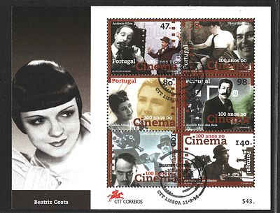 Portugal 1996 – Bloco Filat&eacute;lico 100 Anos do Cinema (Beatriz Costa) com carimbo de 1&ordm; dia. Cabe 