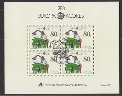 Portugal (A&ccedil;ores) 1988 – Bloco Filat&eacute;lico Europa A&ccedil;ores (Carro de Mala s&eacute;c. XIX) com carimbo de 