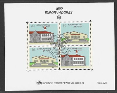 Portugal (A&ccedil;ores) 1990 – Bloco Filat&eacute;lico Europa A&ccedil;ores (Arquitetura Tradicional) com carimbo 