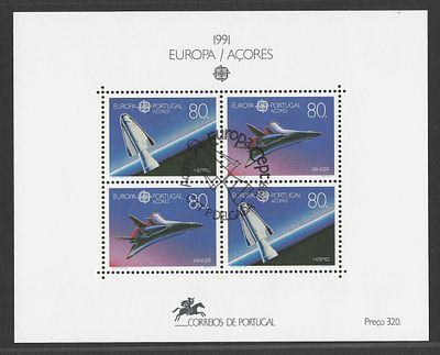 Portugal (A&ccedil;ores) 1991 – Bloco Filat&eacute;lico Europa (Avia&ccedil;&atilde;o Espacial – Hermes e S&auml;nger) com 