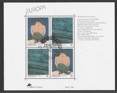 Portugal (A&ccedil;ores) 1993 – Bloco Filat&eacute;lico Europa (Arte – Ant&oacute;nio Dacosta) com carimbo de 1&ordm; dia. 