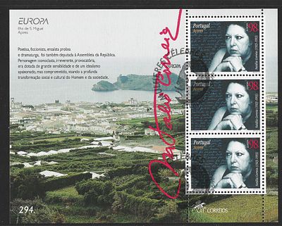 Portugal (A&ccedil;ores) 1996 – Bloco Filat&eacute;lico Europa (Personalidades – Nat&aacute;lia Correia) com carimbo 