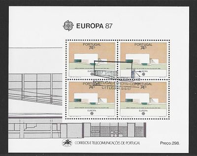 Portugal 1987 – Bloco Filat&eacute;lico Europa (Arquitetura – Ag&ecirc;ncia Banc&aacute;ria Vila do Conde) com 