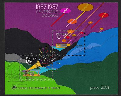 Portugal 1987 – Bloco Filat&eacute;lico Centen&aacute;rio do Disco (1887-1987) com carimbo de 1&ordm; dia. Cabe ao 