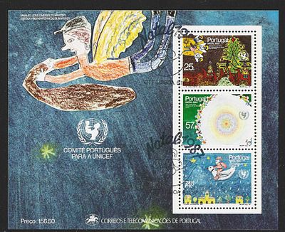 Portugal 1987 – Bloco Filat&eacute;lico UNICEF / Natal (Desenhos Infantis) com carimbo de 1&ordm; dia. Cabe 
