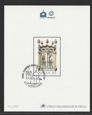 Portugal 1988 – Bloco Filat&eacute;lico Patrim&oacute;nio Mundial UNESCO (&Eacute;vora) com carimbo de 1&ordm; dia. Cabe 