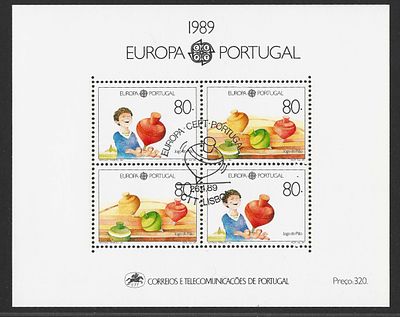 Portugal 1989 – Bloco Filat&eacute;lico Europa (Jogo do Pi&atilde;o) com carimbo de 1&ordm; dia. Cabe ao licitante 