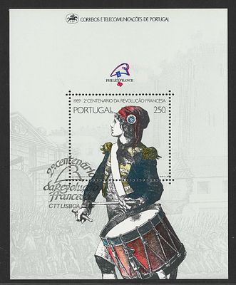 Portugal 1989 – Bloco Filat&eacute;lico 2&ordm; Centen&aacute;rio da Revolu&ccedil;&atilde;o Francesa com carimbo de 1&ordm; dia. Cabe 
