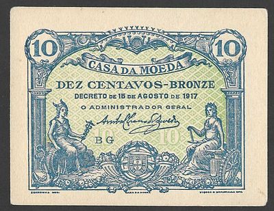 C&eacute;dula 10 Centavos 1917 – Casa da Moeda Rep&uacute;blica Portuguesa . Rara e interessante c&eacute;dula 