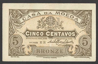 C&eacute;dula 5 Centavos 1918 – Casa da Moeda. Interessante c&eacute;dula portuguesa de 5 centavos em bronze 