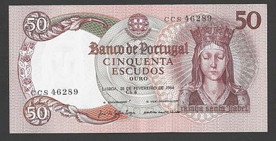 Nota 50 Escudos 1964 Rainha Santa Isabel Chapa 8 |Excelente. Elegante e muito procurada nota 