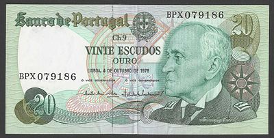 Nota 20 Escudos 1978 Gago Coutinho chapa 9. Nota portuguesa de 20 escudos, emitida pelo Banco de 