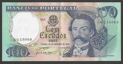 Nota 100 Escudos 1965 Camilo Castelo Branco Chapa 7. Cl&aacute;ssica e muito apreciada nota portuguesa 