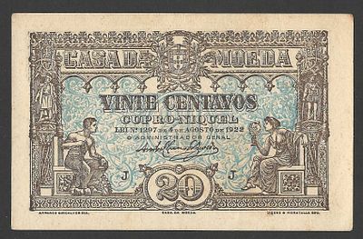 C&eacute;dula 20 Centavos 1922 Cupro-N&iacute;quel. Interessante e hist&oacute;rica c&eacute;dula portuguesa de 20 centavos 