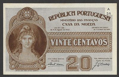 C&eacute;dula 20 Centavos 1923 S&eacute;rie A. Rara e interessante c&eacute;dula portuguesa de 20 centavos, emitida 