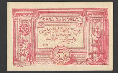 C&eacute;dula 5 Centavos 1918 – Casa da Moeda | Rep&uacute;blica Portuguesa | Nota de Emerg&ecirc;ncia. C&eacute;dula 