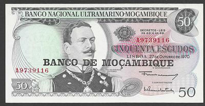 Mo&ccedil;ambique 50 Escudos 1970 | Banco Nacional Ultramarino. Nota antiga de 50 Escudos de Mo&ccedil;ambique 