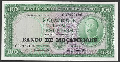 Mo&ccedil;ambique – 100 Escudos 1961 | Banco Nacional Ultramarino | Nota Colonial Portuguesa. Nota 