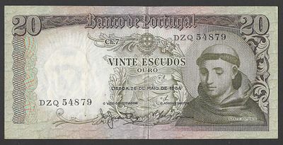 Nota 20 Escudos 1964 – Santo Ant&oacute;nio | Banco de Portugal | S&eacute;rie DZQ. Nota portuguesa de 20 