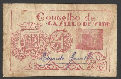 C&eacute;dula Municipal Antiga – 4 Centavos Conselho de Castelo de Vide. Rara e interessante c&eacute;dula 