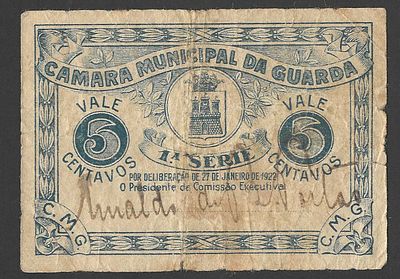 C&eacute;dula Municipal Antiga – 5 Centavos C&acirc;mara Municipal da Guarda (1922). Interessante c&eacute;dula 