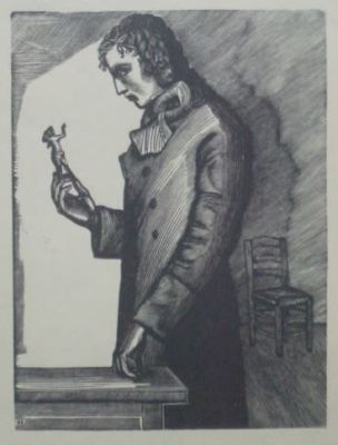 Молодой человек с фигуркой в руках. Ечеистов Г.. бумага, ксилография.Размер: 15.0 х 