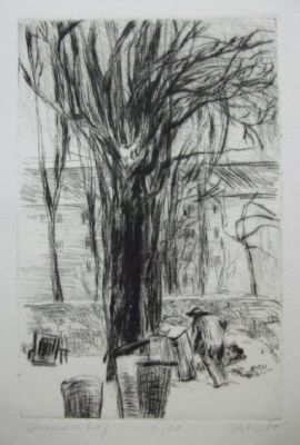 "Уборка листьев".Манфред Хан. 1983. бумага, офорт. "Уборка листьев".Манфред Хан. 1983. бумага 