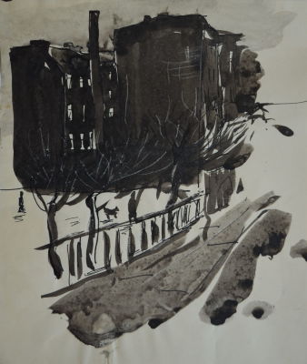 &laquo;Набережная вечером&raquo; Рахина В.И. 1970 год. бумага, тушь. Размер: 20.0 х 18.0(р.и.) В очень 