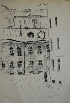 &laquo;Ленинградский дворик&raquo; Рахина В.И. 1960-е годы. бумага, тушь, перо. Размер: 29.0 х 20.0(р.и.) В 