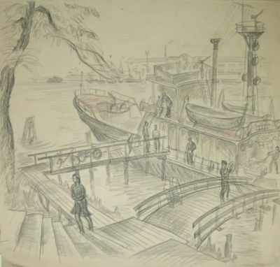 У причала. Тетерин К.(?) 1960-70-е годы. бумага, карандаш.. Размер: 40.0 х 42.0(р.и.).В очень 