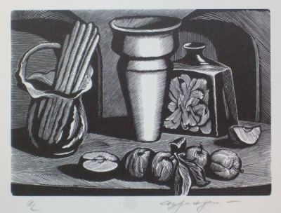 Натюрморт. Дурандин. 1990г. бумага, ксилография. Размер: 11.5 х 16.0(р.и.). В очень хорошем 