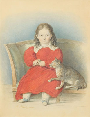 Шульц (Schulz), Леопольд (1804-1873) - Портрет Анны Бельмонт с котом. 1830-е г.г. Бумага 
